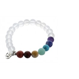 Bracelet 7 Chakras Cristal de roche mat Perles rondes 8 mm Breloque Om