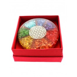 Sous verre Orgonite 7 Chakras avec symbole Fleur de Vie