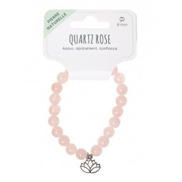 Bracelet Quartz rose Perles rondes 8 mm et Breloque lotus